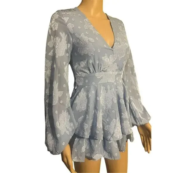 Mi Ami Women's XS Blue Floral Long Sleeve Romper V-Neck - Picture 5 of 7